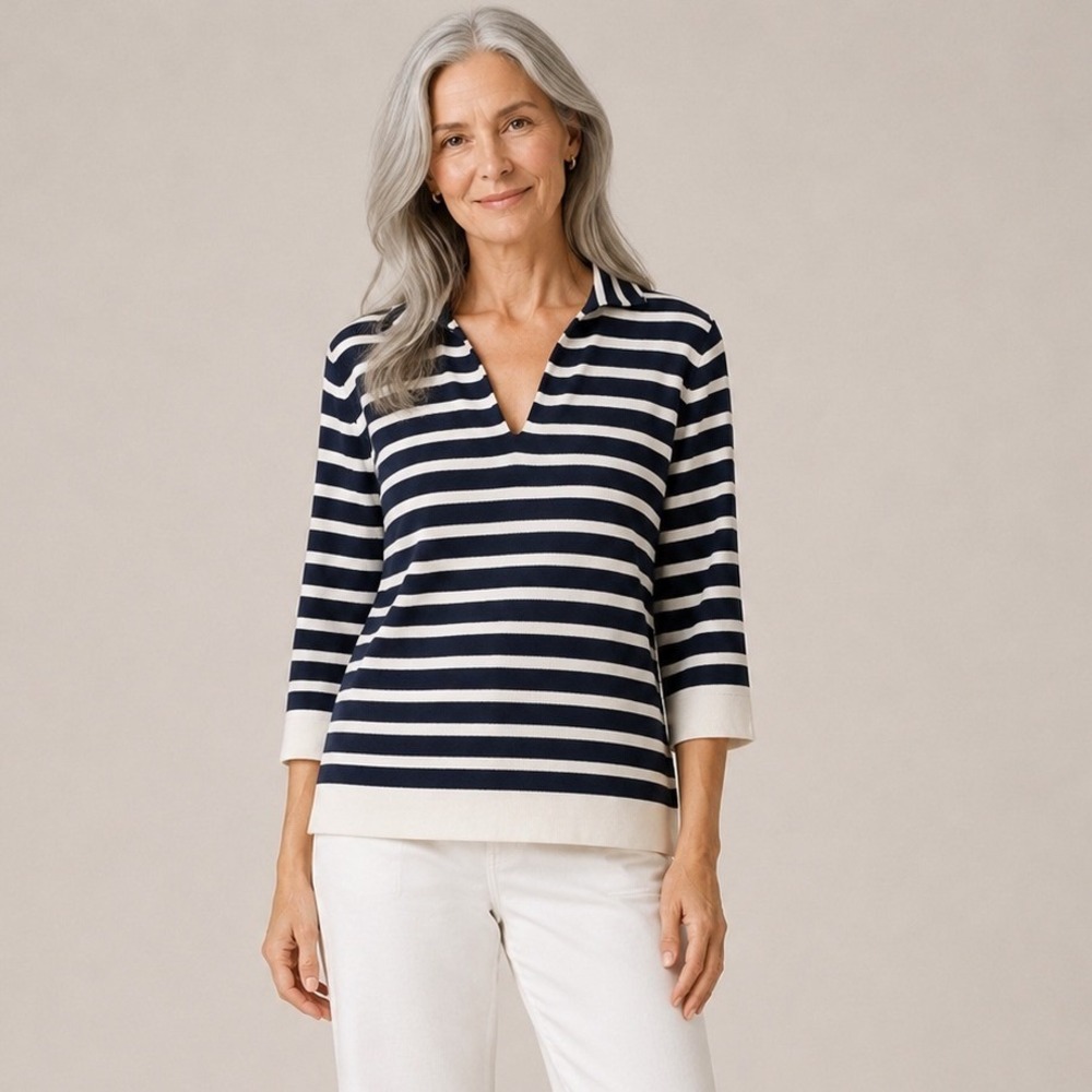 J. Jill Womens Striped Polo Sweater Size S Petite‎ Navy White Nautical Coastal